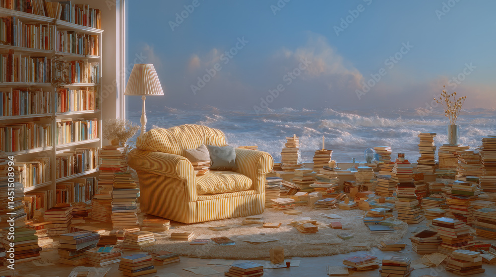 Stacked books in a chaotic room reflect a moment of calm in an overwhelming environment