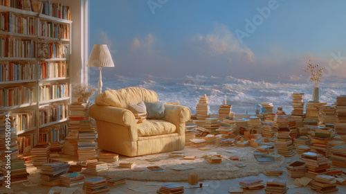 Obraz na płótnie Stacked books in a chaotic room reflect a moment of calm in an overwhelming environment w salonie