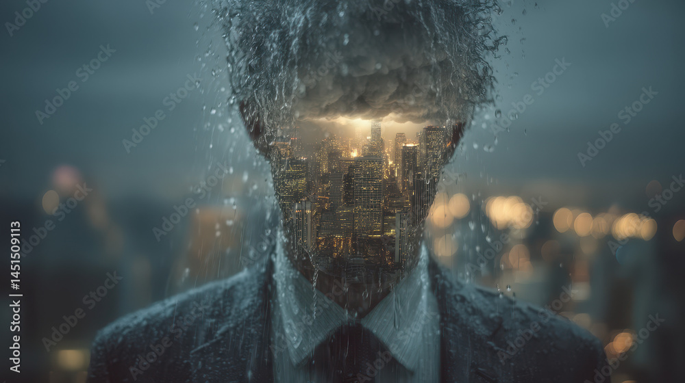 Minor worry transforming into a massive storm, illustrating mental overwhelm and anxiety experienced in urban life