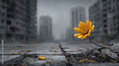 Vibrant yellow flower blooms in barren landscape, bringing unexpected hope to desolate surroundings