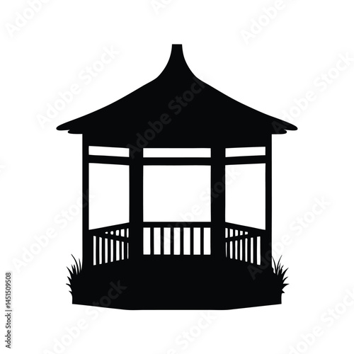Black silhouette of a gazebo in a garden with grass and open space