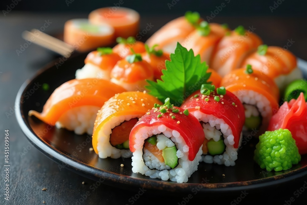 Colorful sushi platter, various rolls, garnish , isolated, japanesefood Colorful sushi platter, various rolls, garnish , isolated, japanesefood