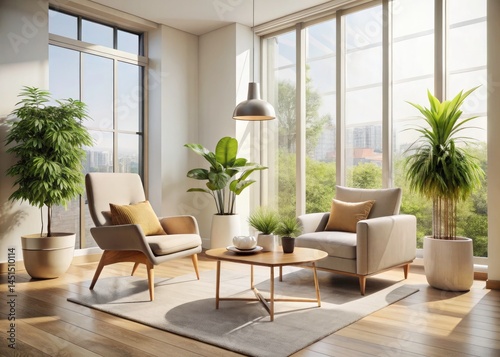 Minimalist Living Room  Floor-to-Ceiling Windows  Armchair  Coffee Table  Plant - Modern Interior Design