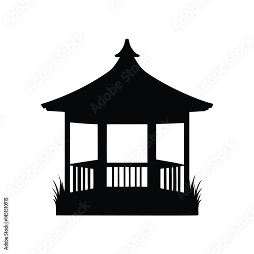 Black silhouette of a gazebo in a garden with grass and open space