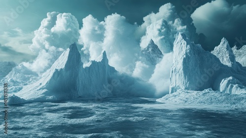 Frozen Majesty: A landscape of towering ice formations under a cloudscape photo