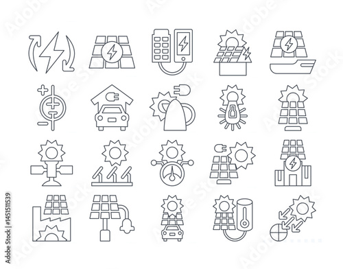 Solar energy empowers diverse applications Line art icons