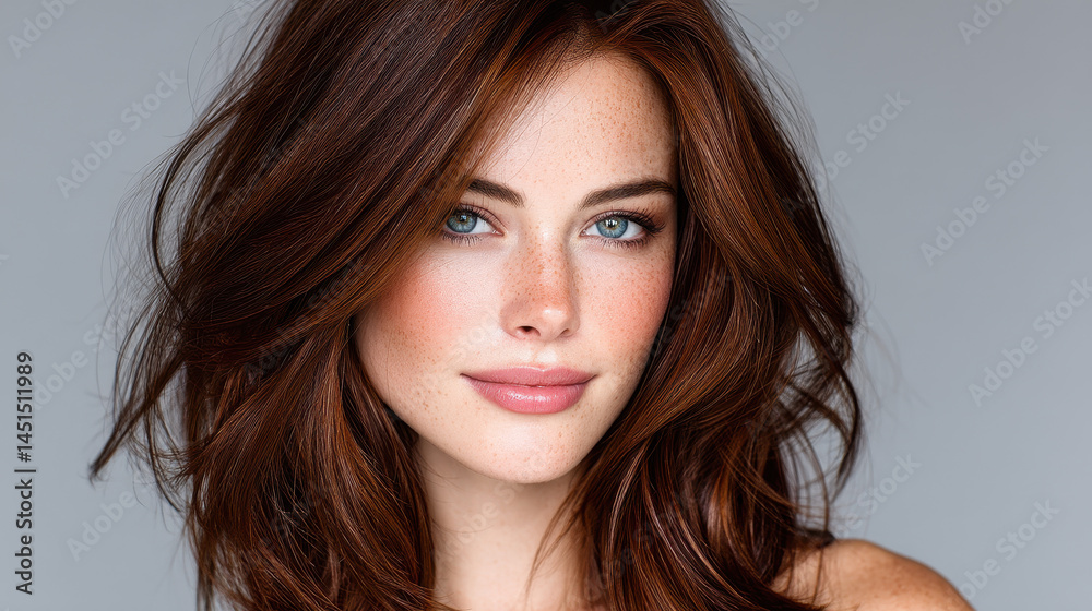 Naklejka premium Mahogany hair with highlights shines beautifully in a bright setting, showcasing elegant layers and volume