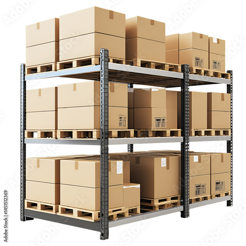 Warehouse Storage Cardboard Boxes on Pallets, Metal Shelving System