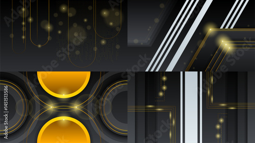 Set Abstract Collection Dark Black Gold Material Modern Background With Golden Lines Stripes Shadows Backdrop Wallpaper Decoration Vector Design Style