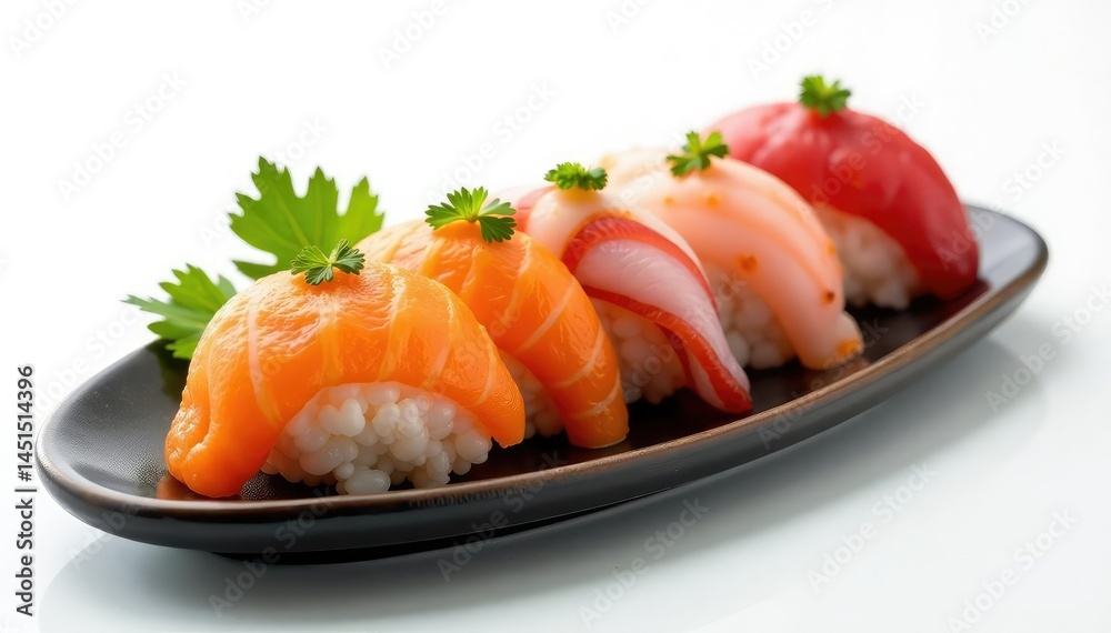 Beautifully arranged sushi platter on white background, tuna, roll, traditional Beautifully arranged sushi platter on white background, tuna, roll, traditional