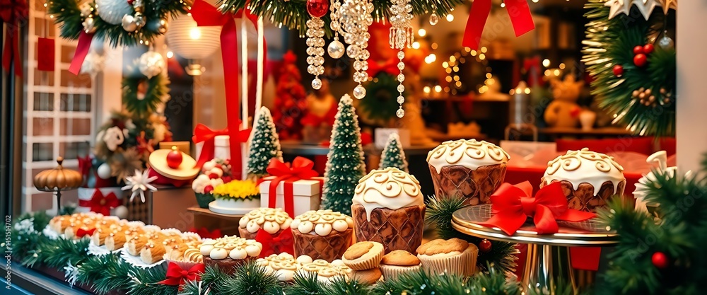 window display with christmas decorations and cupcakes