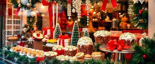 window display with christmas decorations and cupcakes