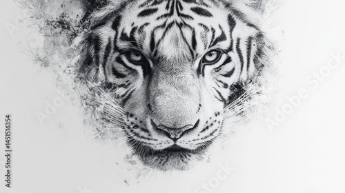 A close up black and white illustration of a tiger with a slightly blurred artistic effect around it