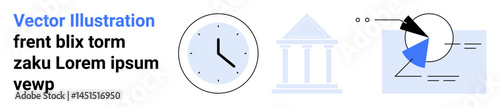 Clock, classical building, and segmented pie chart icon. Ideal for time management, data analysis, education, finance, statistics, planning and a simple landing page