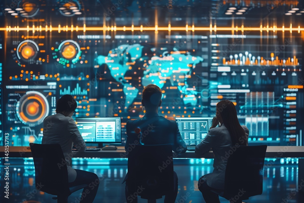 Obraz premium Contemporary corporate workspace illustrating a digital customer engagement optimization seminar with high tech visuals and focused professionals Engaging modern analytical