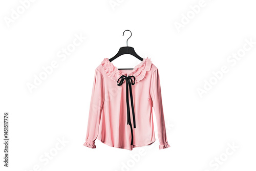 Delicate, light pink blouse, long sleeves, ruffled collar, bow tie detail photo