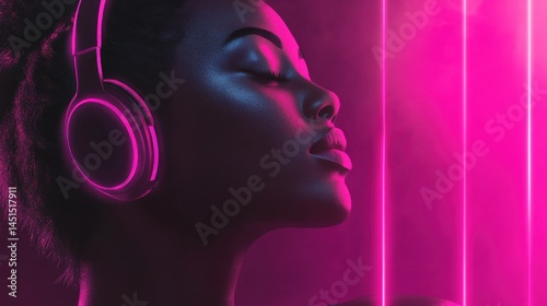 Serene Black Woman Listening to Music in Pink Neon Light