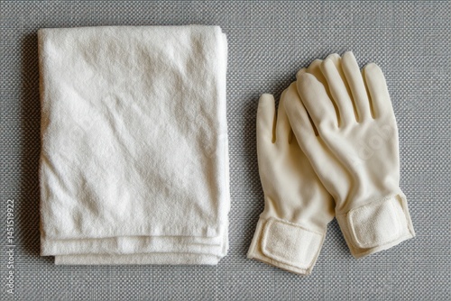Folded dish towel and gloves, isolated on transparent background