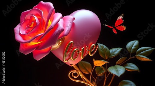 Romantic still life featuring a radiant rose, heart shaped balloon, and butterfly
