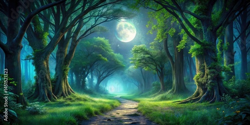 Night Forest Path Photography: Lush Green Canopy, Overhanging Branches, Dark Trees, Vibrant Foliage, Mystical Night Scene
