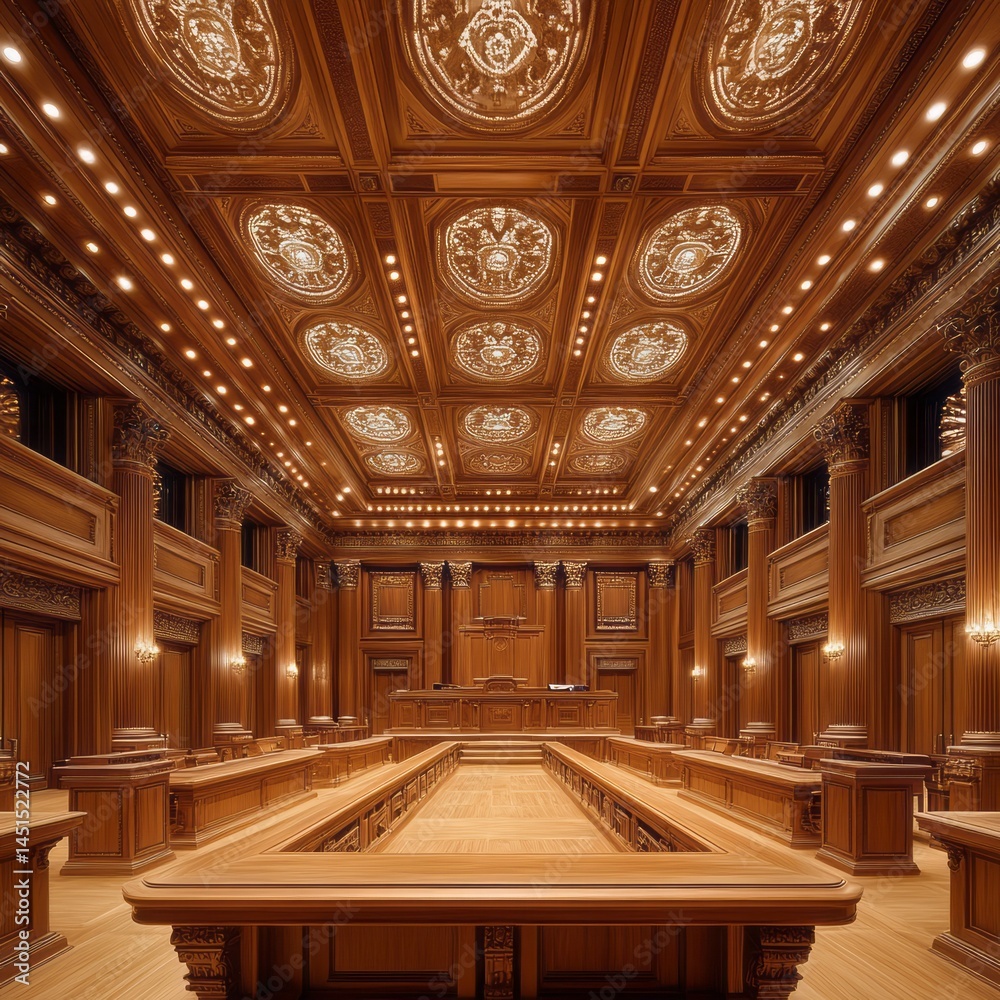 Obraz premium Ornate wooden courtroom interior with intricate ceiling design.