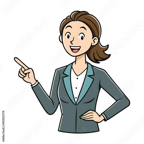 Business woman pointing finger at something. Happy face. Hand drawn style vector design illustrations. 