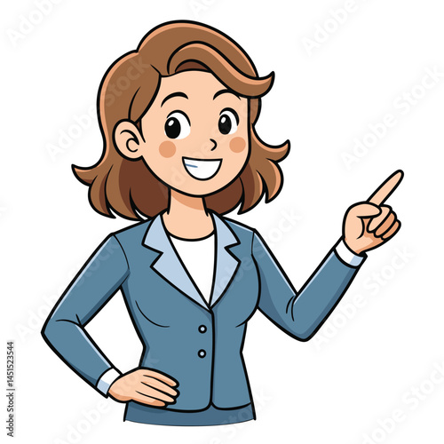 Business woman pointing finger at something. Happy face. Hand drawn style vector design illustrations. 
