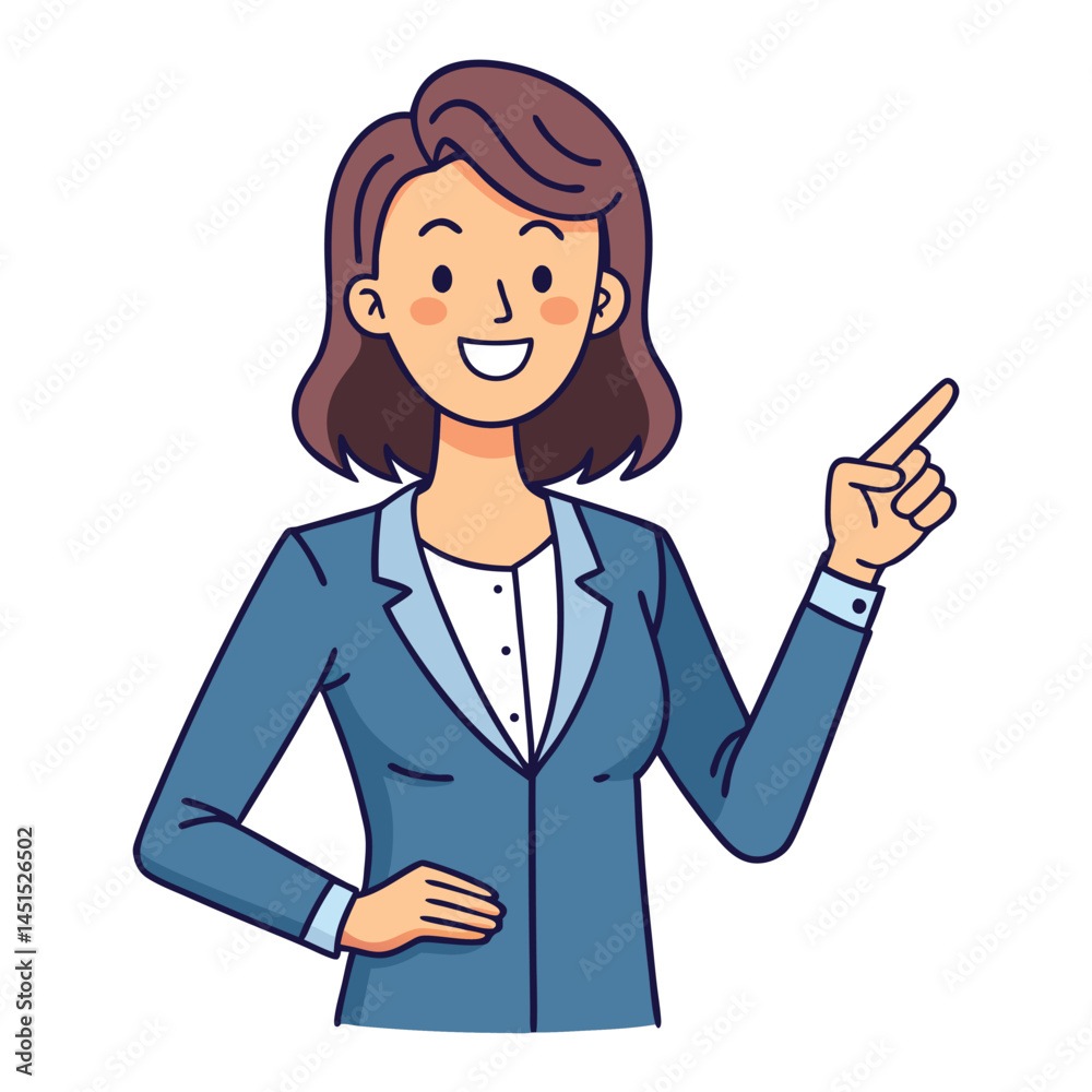 Business woman pointing finger at something. Happy face. Hand drawn style vector design illustrations. Business woman pointing finger at something. Happy face. Hand drawn style vector design illustrations.