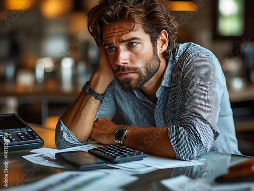 Overwhelmed: A Man's Struggle with Finances: Capturing the intensity of financial strain, a man is consumed by the gravity of the issue, his expression a portrait of concern and financial anxiety.