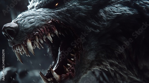 Angry werewolf snarling, dark background, fantasy art, game asset