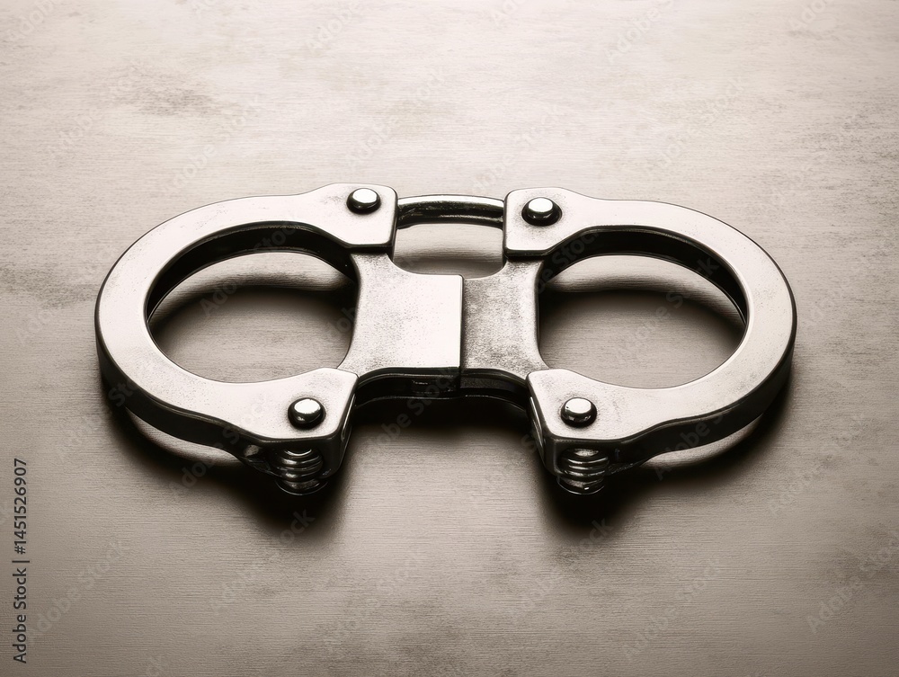 Obraz premium Metal handcuffs, foldable, polished, on a surface