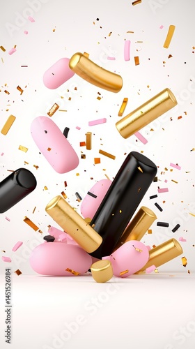 Abstract Pink Gold Black 3D Cylinders Falling On White Background