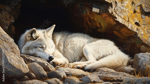 Arctic wolf sleeping in rocky den, sunlight background; wildlife, nature photography photo