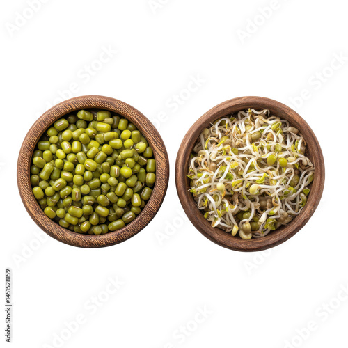 Mung beans, raw and sprouts isolated on transparent png background
