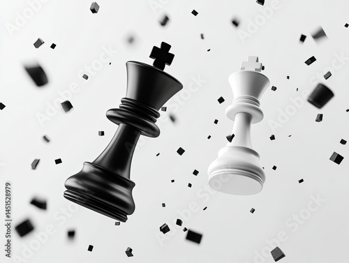 Two opposing chess kings in mid-air conflict, surrounded by scattered pieces, signifying a crucial moment in a game or strategic competition
