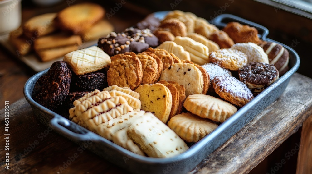 Fototapeta premium Assorted cookies in tray, cafe background, delicious bakery treats, food photography