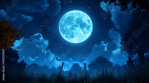 Mystical night scene with a large, vibrant blue moon