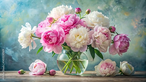 Pink and White Peony Still Life Photography - Elegant Floral Arrangement in Vase
