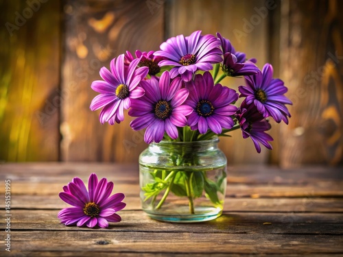 Wallpaper Mural Purple Osteospermum Flowers in Glass Vase, Cheerful Wooden Table Still Life Photography Torontodigital.ca