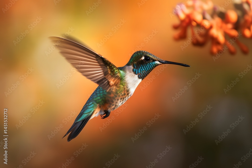 Fototapeta premium A hummingbird in flight with wings spread near orange flowers in a blurred background scene