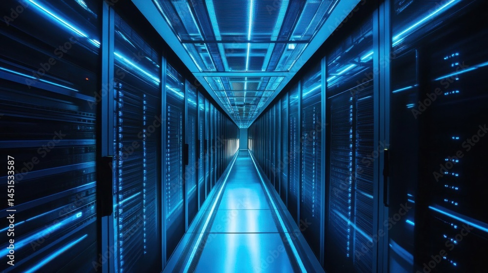 Obraz premium A 4K photo of highly illuminated data center with symmetrical rows of blue-lit servers and visible ceiling cabling, ideal for visualizing cloud architecture, IT scalability.