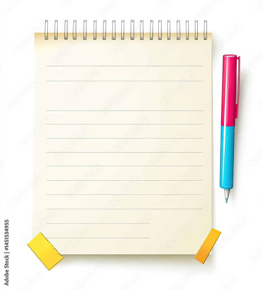 Blank lined notebook and pen, ready for notes. Beige notebook, lined paper, pink pen, spiral bound, sticky notes, top view, isolated on white Blank lined notebook and pen, ready for notes. Beige notebook, lined paper, pink pen, spiral bound, sticky notes, top view, isolated on white