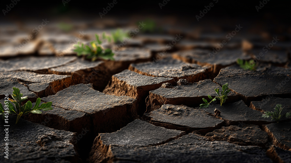 Resilience personified Tiny plants bravely emerge from cracked earth showcasing nature s tenacity in dark textured Resilience personified Tiny plants bravely emerge from cracked earth showcasing nature s tenacity in dark textured