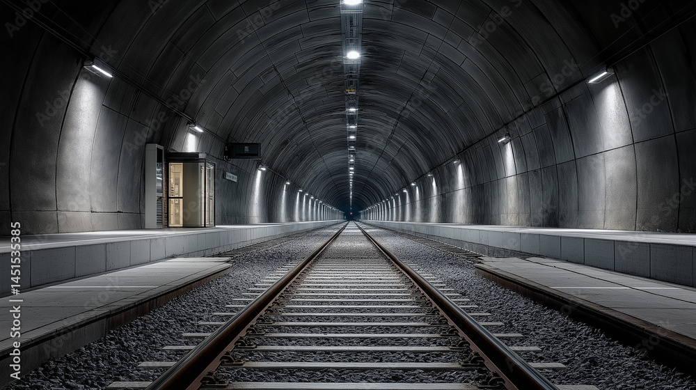 Obraz premium A long railway tunnel stretches into the distance promising journeys and adventures ahead The cool grey tones and soft