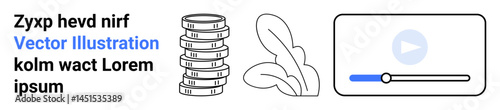 Stacked coins, leaves, and a video player illustrate themes thumbs up finance, sustainability, education, digital media, investment, content creation and eco-consciousness. Ideal for a simple
