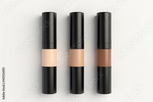 Wallpaper Mural three foundation concealer tubes, elegant black matte finish, standing upright in a row, each tube showing a different skin tone shade (fair, medium, dark) Torontodigital.ca