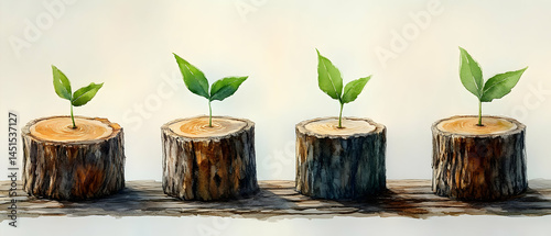 Seedlings growing on wood, nature rebirth