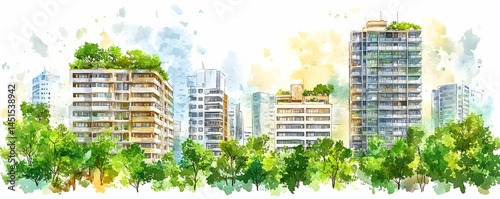 Eco-city skyline, green roofs, urban park