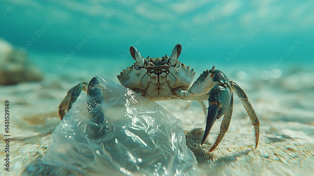 Fototapeta premium Crab confronts plastic debris in ocean