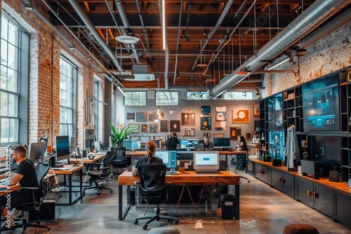 Wallpaper Mural Contemporary office setting showcasing a next generation digital product innovation workshop where creative teams fuse design thinking with smart technology Product innovation digital Torontodigital.ca